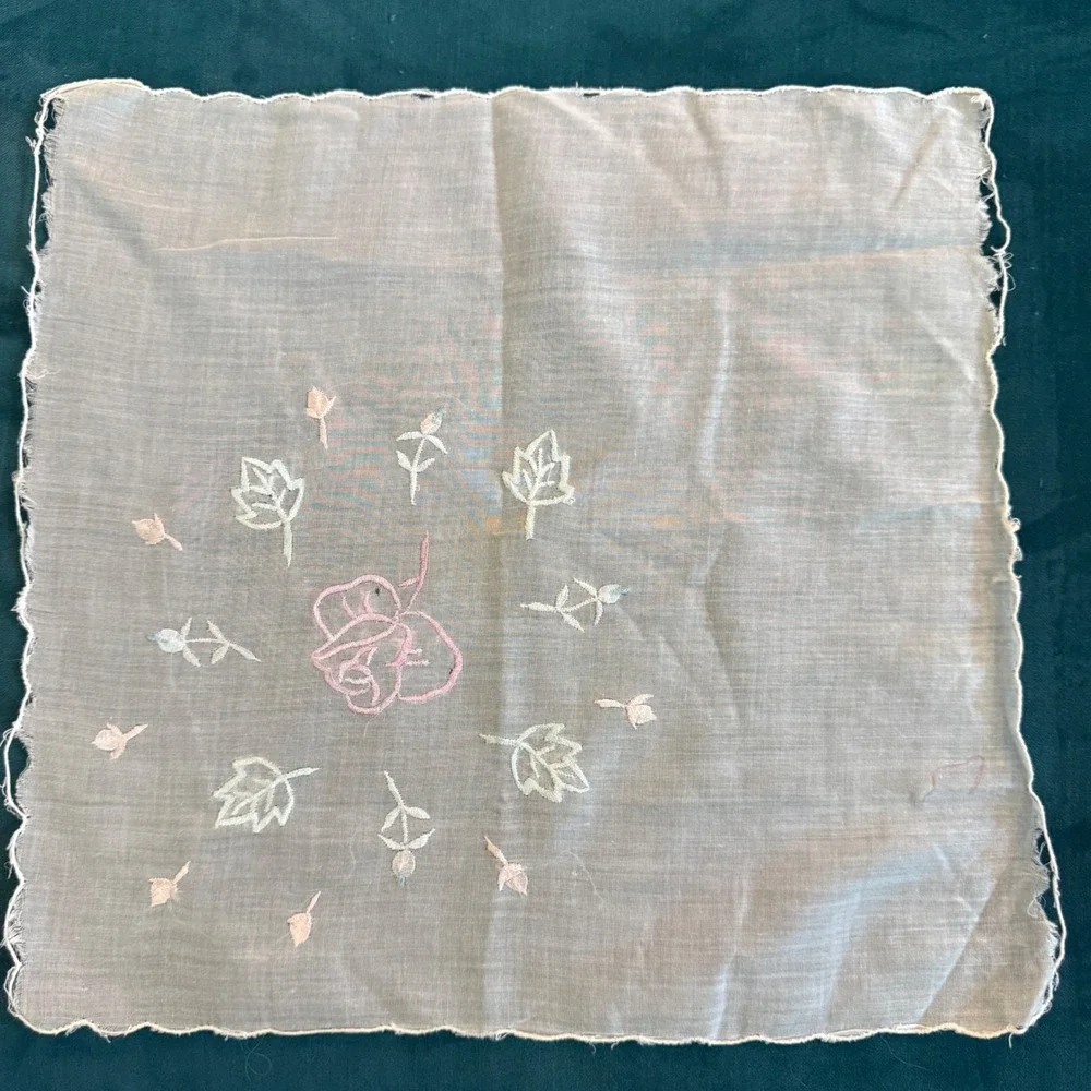 Vintage Handkerchief Embroidered Floral Lace Trim Cotton Linen Blend Set‎ of 2